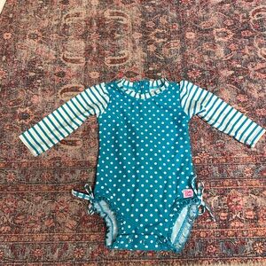 Ruffle Butts Teal and White Polka Dot swimsuit
